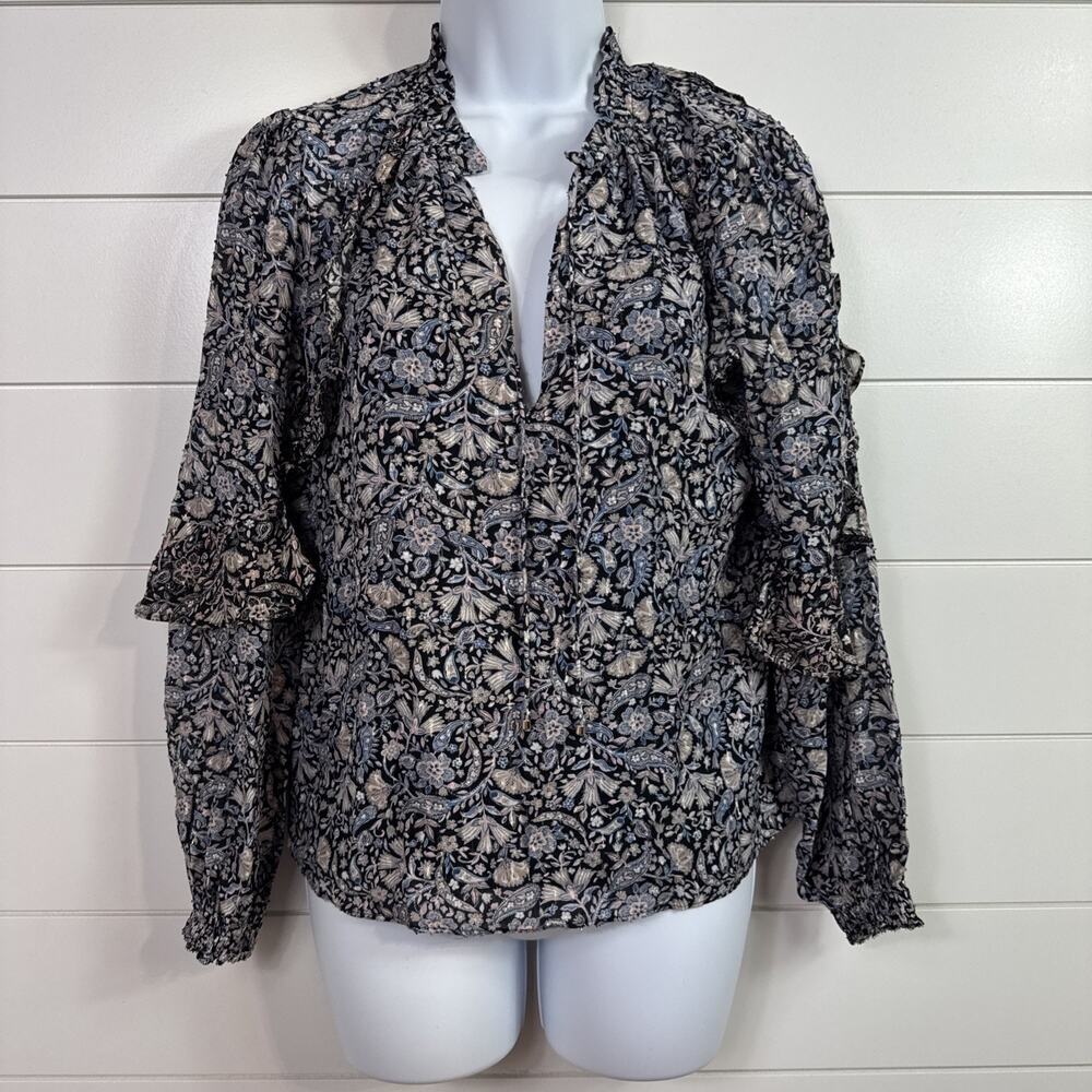 Intermix Floral Print Long Sleeve Ruffle Silk Blouse Black sz P XS